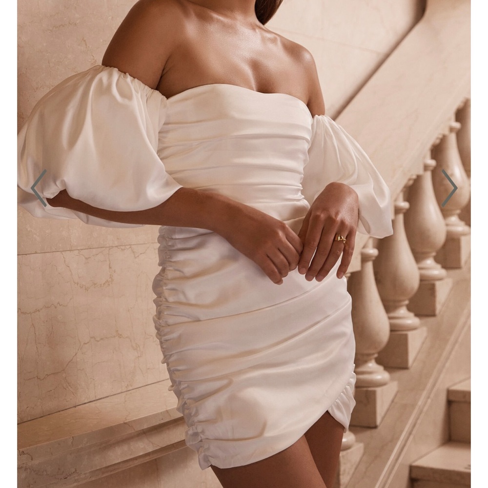 Showpo BETTY MINI DRESS - OFF SHOULDER PUFF SLEEVE GATHERED DRESS IN WHITE